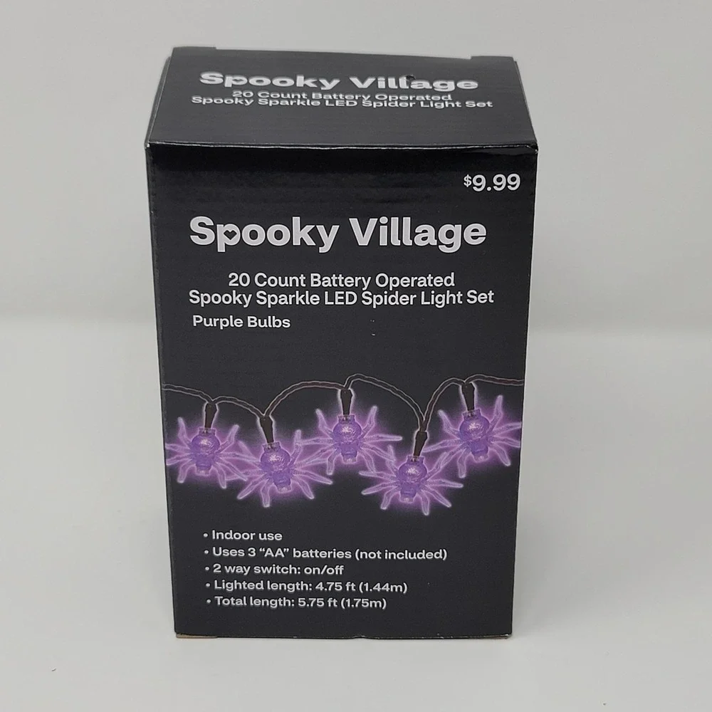 Spooky‎ Village Sparkle LED Purple Spider Light Set 20 Count Battery Operated